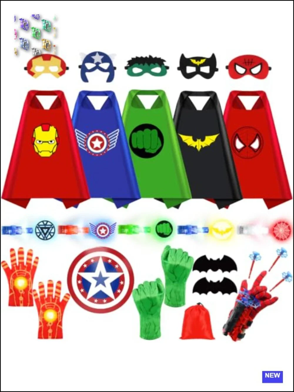 5-in-1 Superhero Cape Costume Set with Masks, Gloves, Shield for Kids Ages 3-12